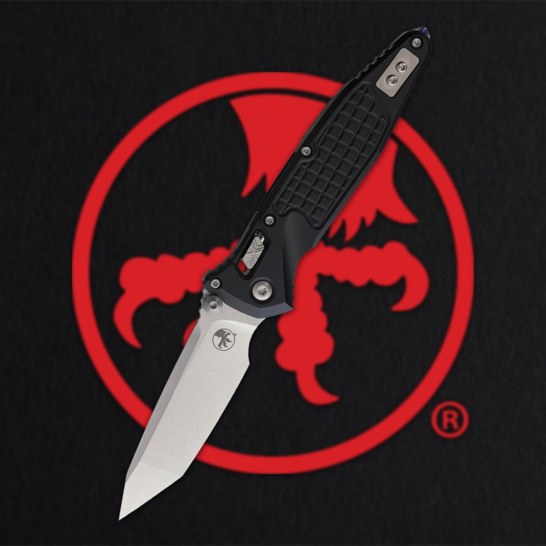 A black folding knife on a red logo background.