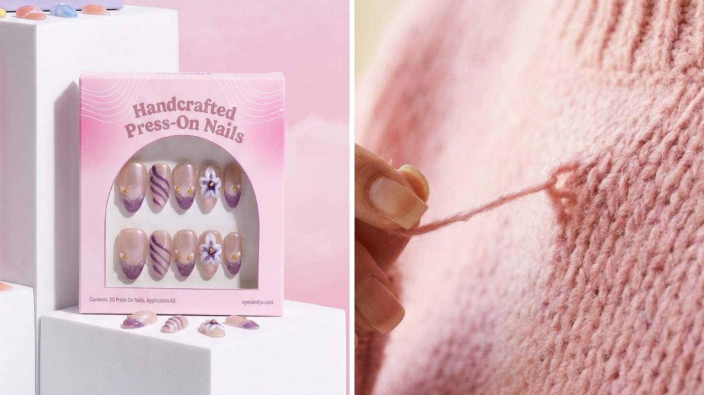 Hands wearing handmade press-on nails styled with event accessories