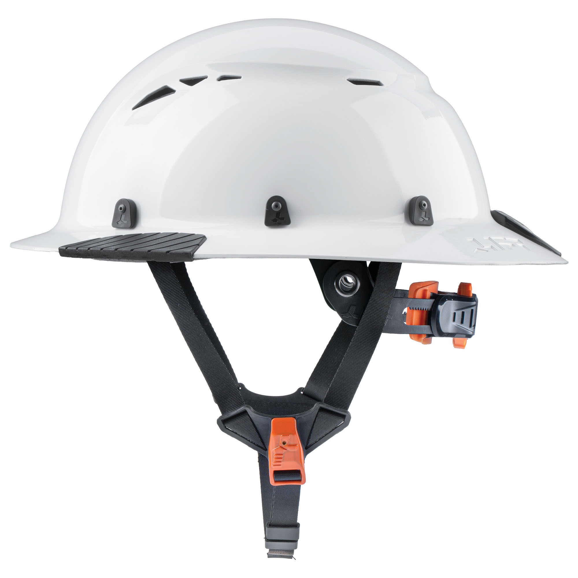 White safety helmet with adjustable chin strap and ventilation holes.