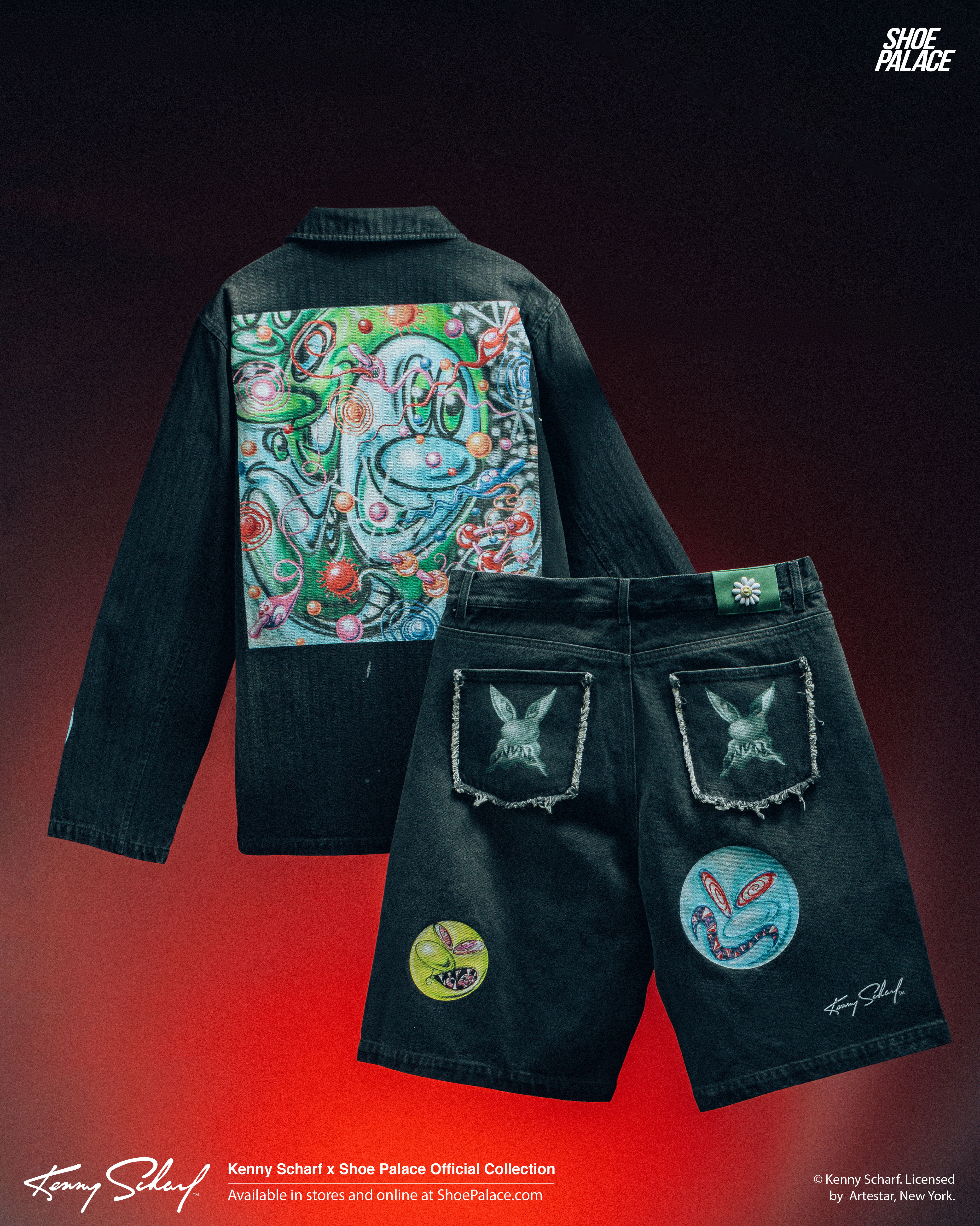 Black jacket and shorts with colorful designs on the back and front.
