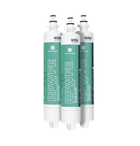 Three water filter cartridges with labels, designed for home filtration systems.