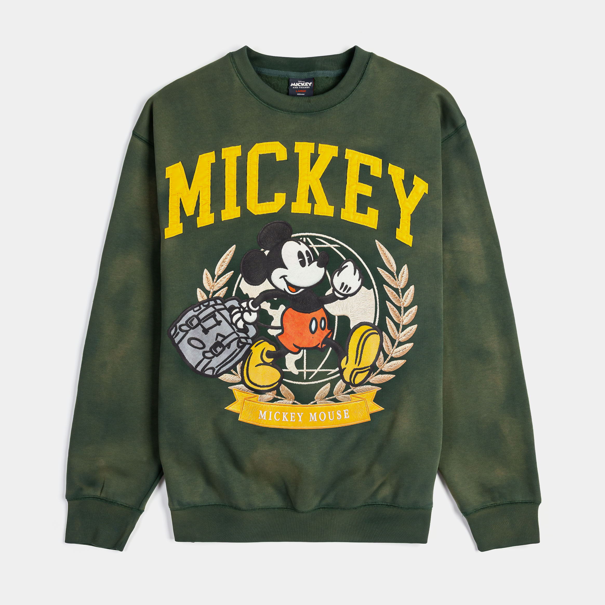 Green sweatshirt featuring Mickey Mouse graphic and bold text.