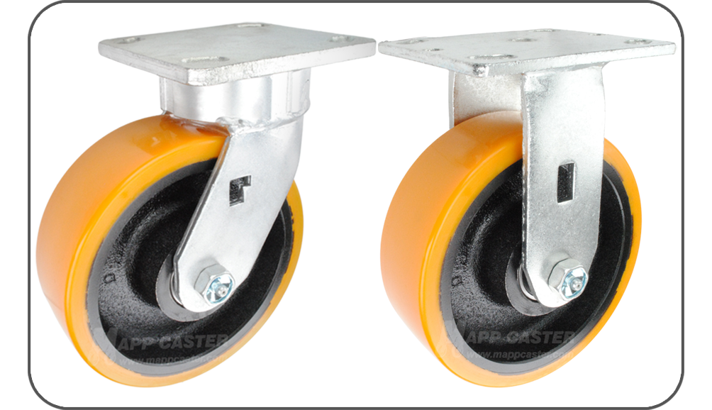 Orange & black polyurethane on iron swivel & rigid plate casters - Floor Protective, Non-marking, Smooth Rolling.