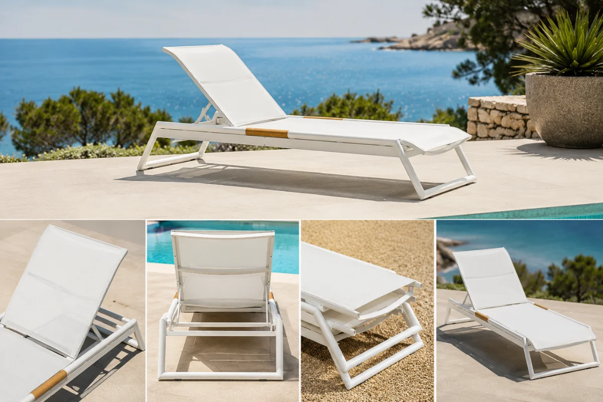 White commercial chaise lounge shown beside a hotel pool with detailed views of its frame, reclining back, and stacking design