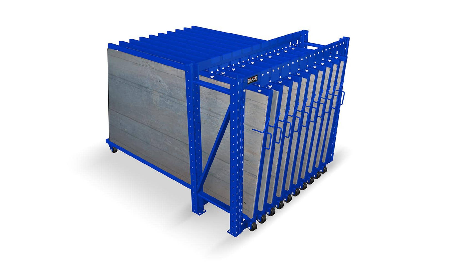 Blue metal storage container with slotted sides and a solid base.