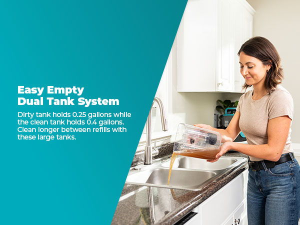 Woman using a dual tank system at a kitchen sink.