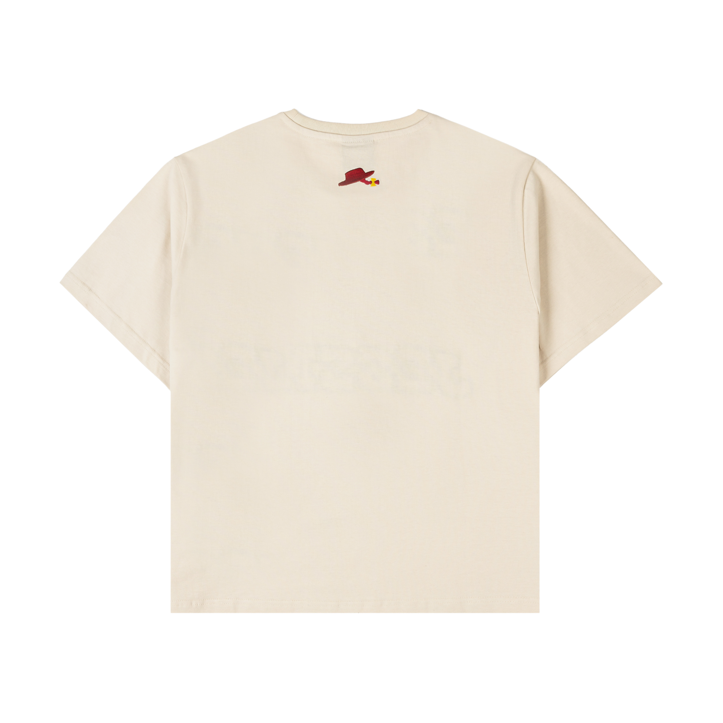 Beige t-shirt featuring a graphic with the name 