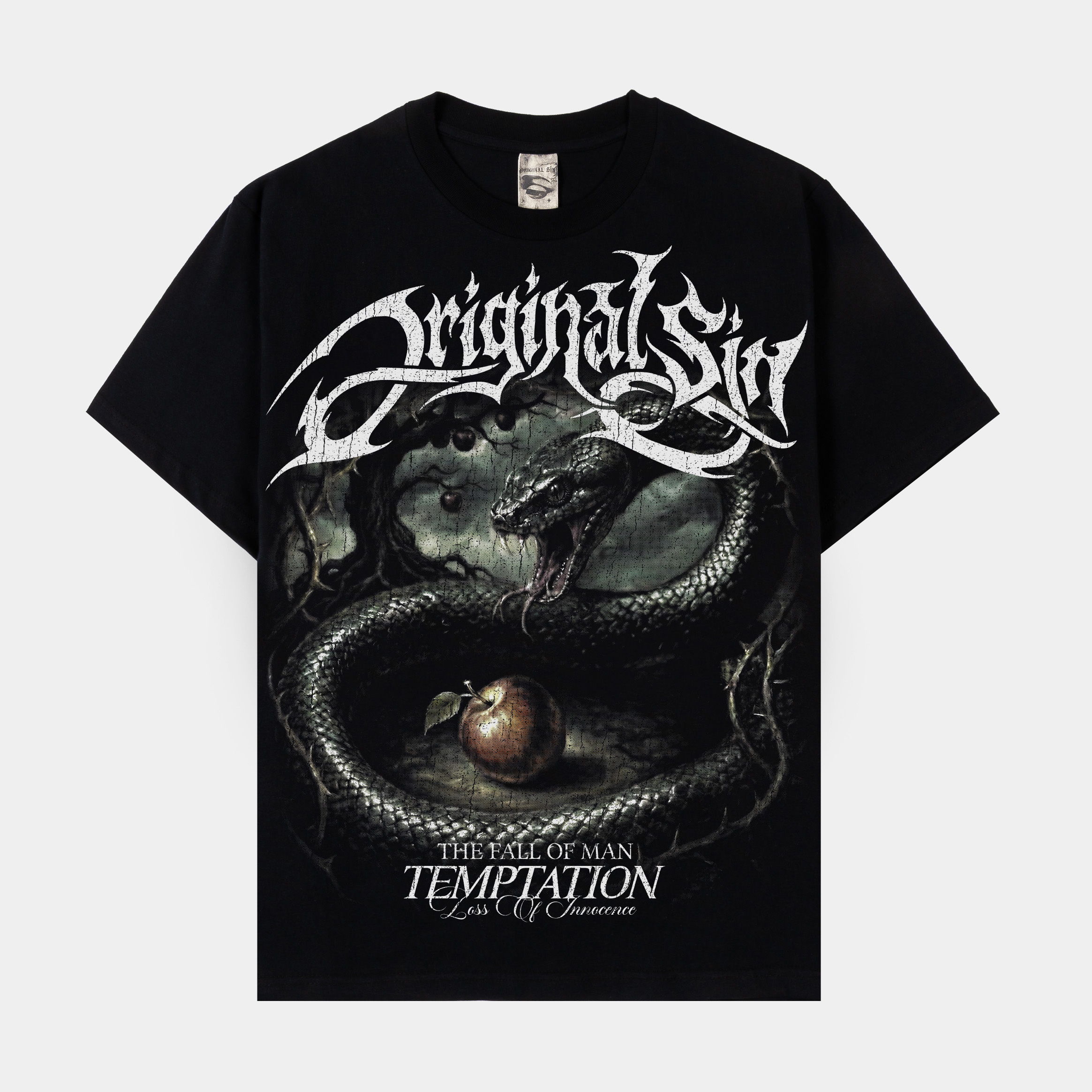 Black t-shirt featuring a serpent and the text 