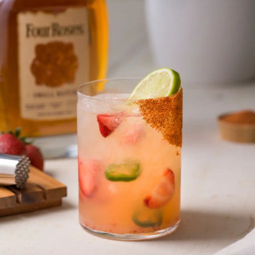 A refreshing cocktail with lime, strawberries, and Four Roses bourbon in the background.