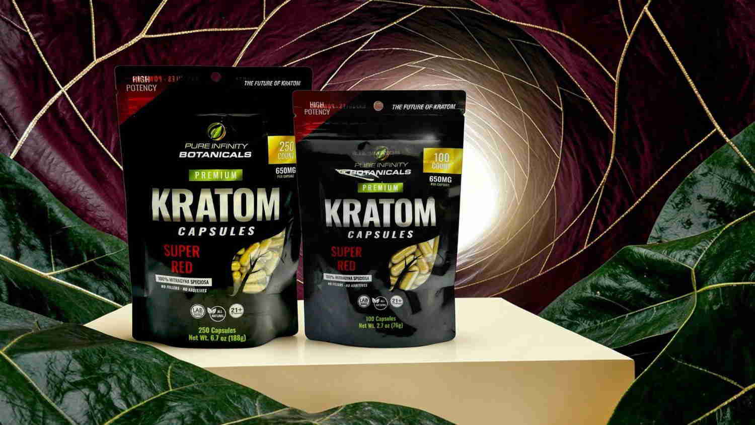 Two bags of Kratom capsules on a table with a colorful background.