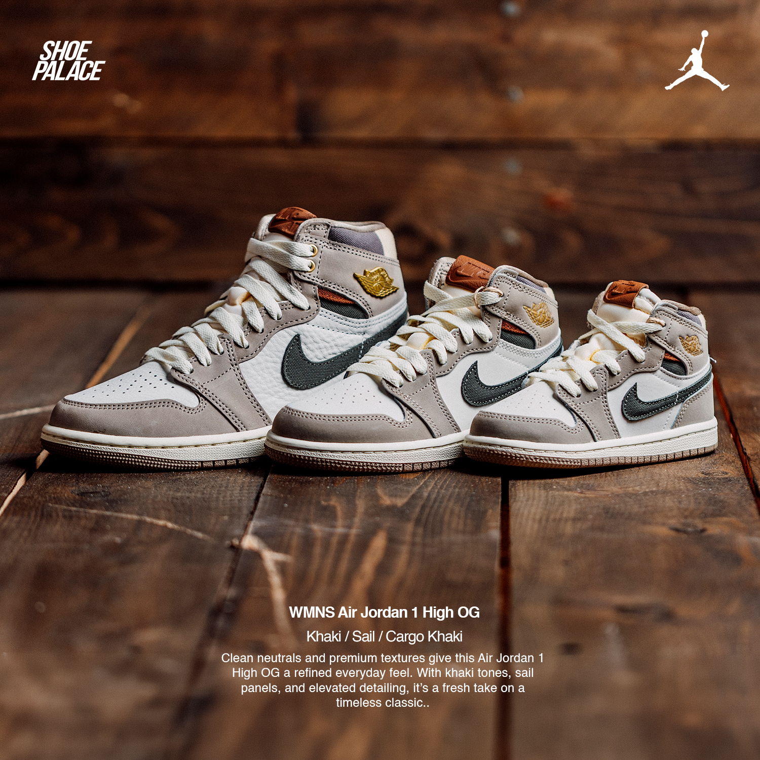 A trio of Nike Air Jordan 1 sneakers displayed on a wooden surface.