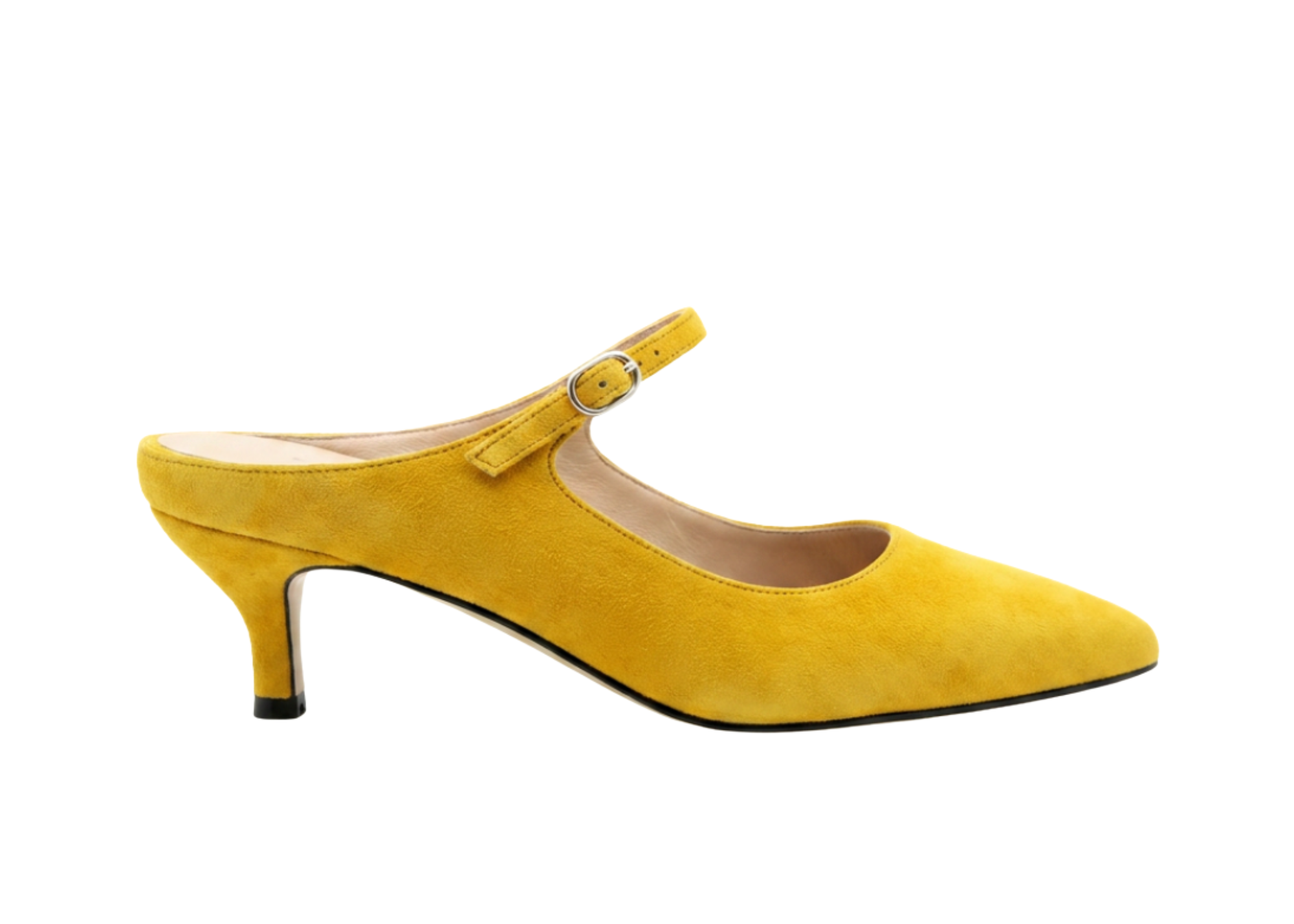 Yellow suede slingback high heel shoe with a strap.