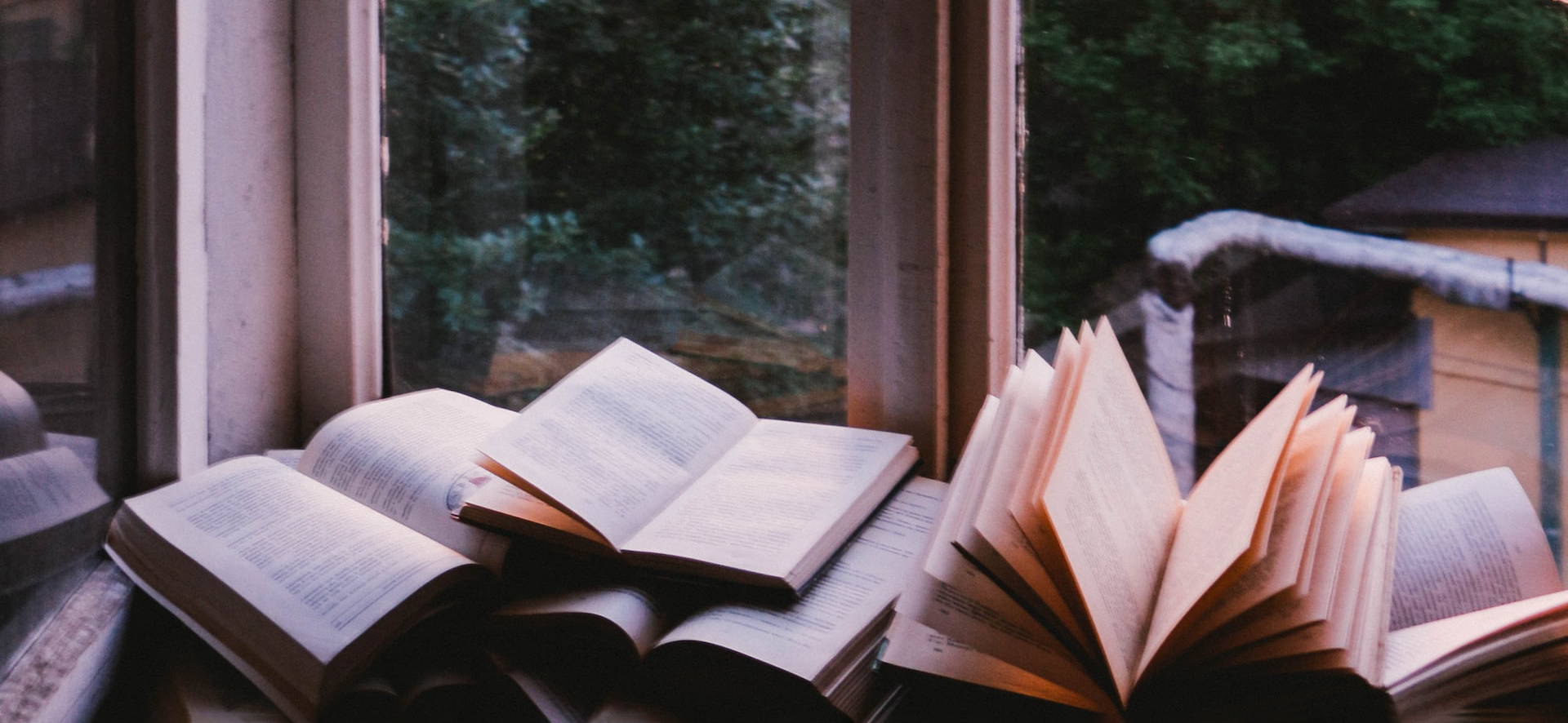 Books on a window ledge during sunset