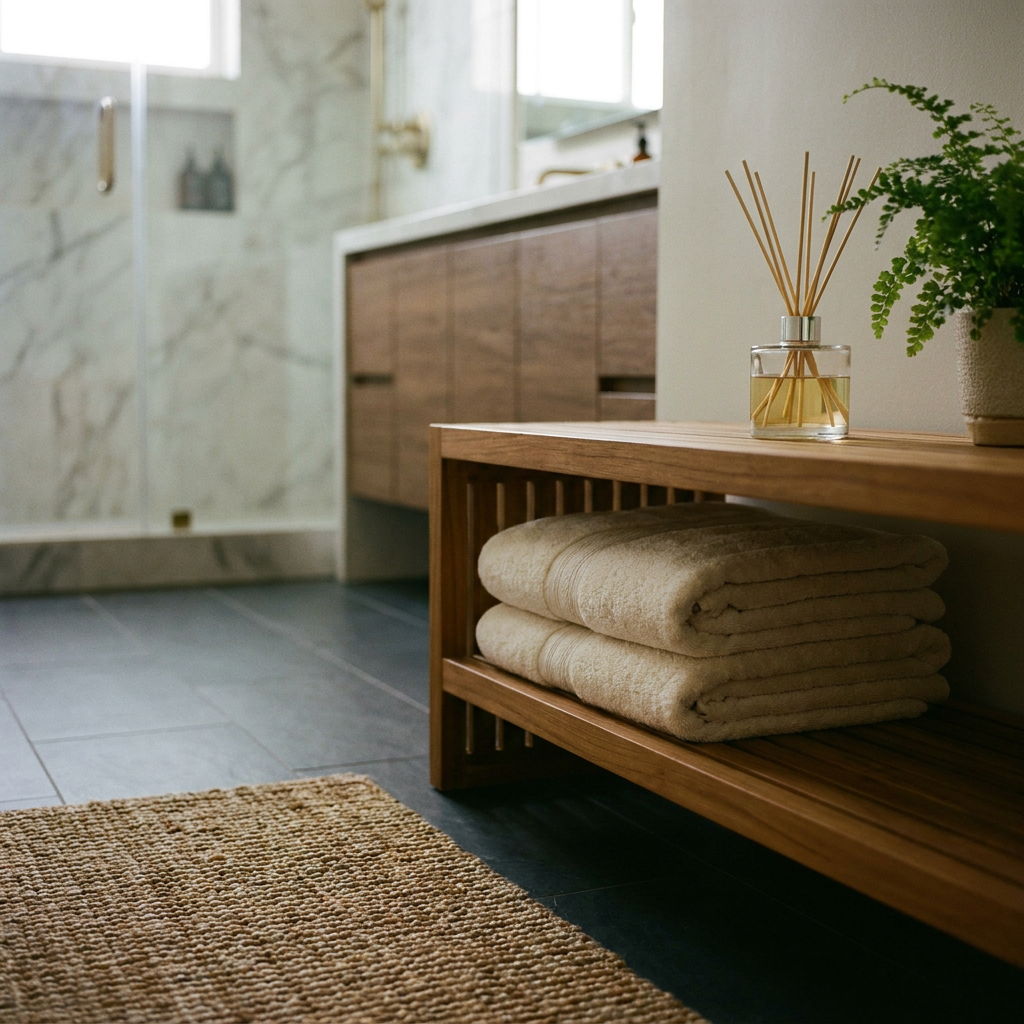 A modern bathroom with towels, plants, and a woven rug.