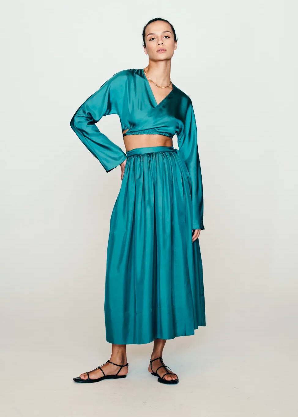 lake blue teal silk maxi skirt and lake blue teal silk wrap top 