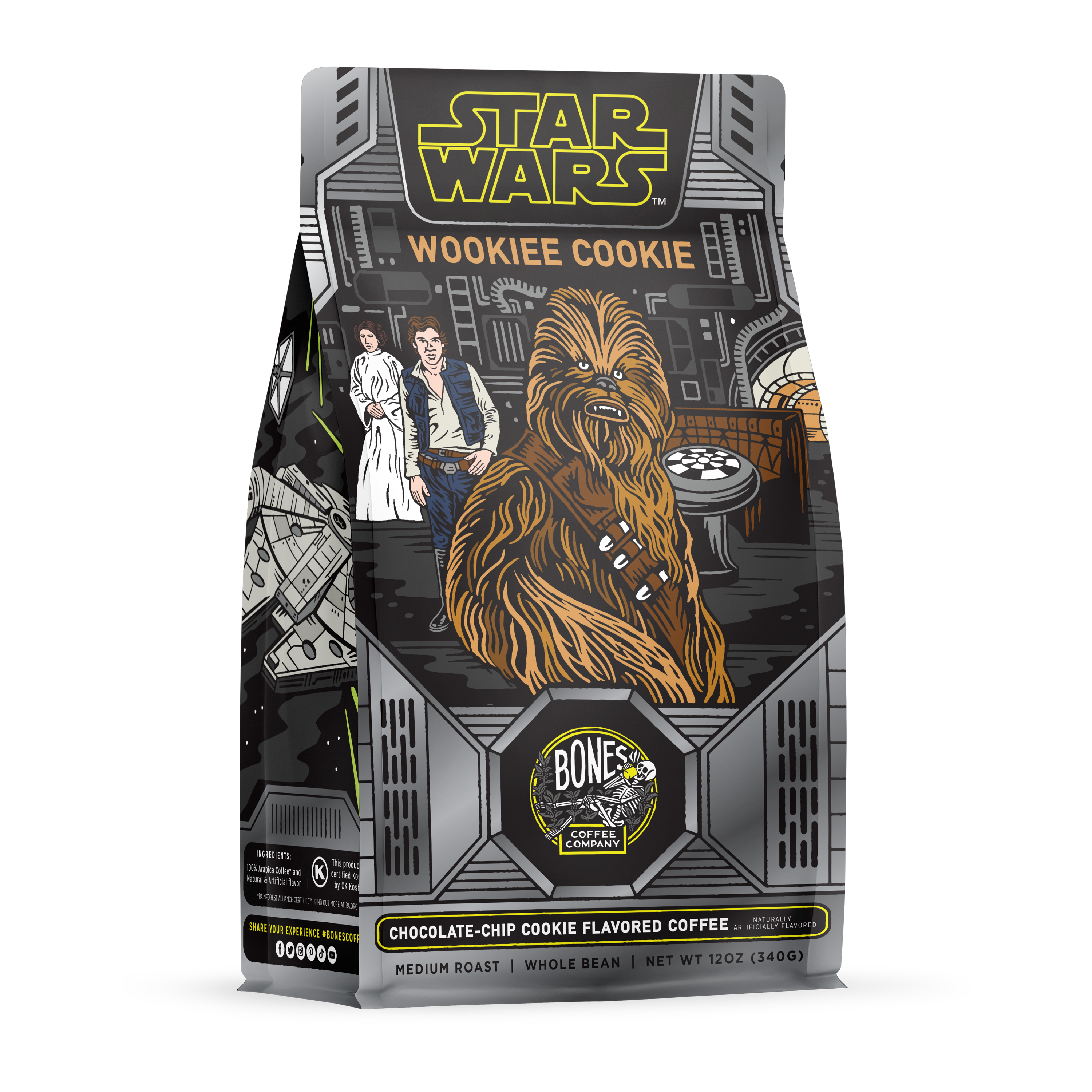 The front of a 12 ounce bag of Bones Coffee Company Wookiee Cookie flavored coffee. Its flavor is chocolate chip cookie, and its art shows Chewy, Han Solo, and Leia on it.