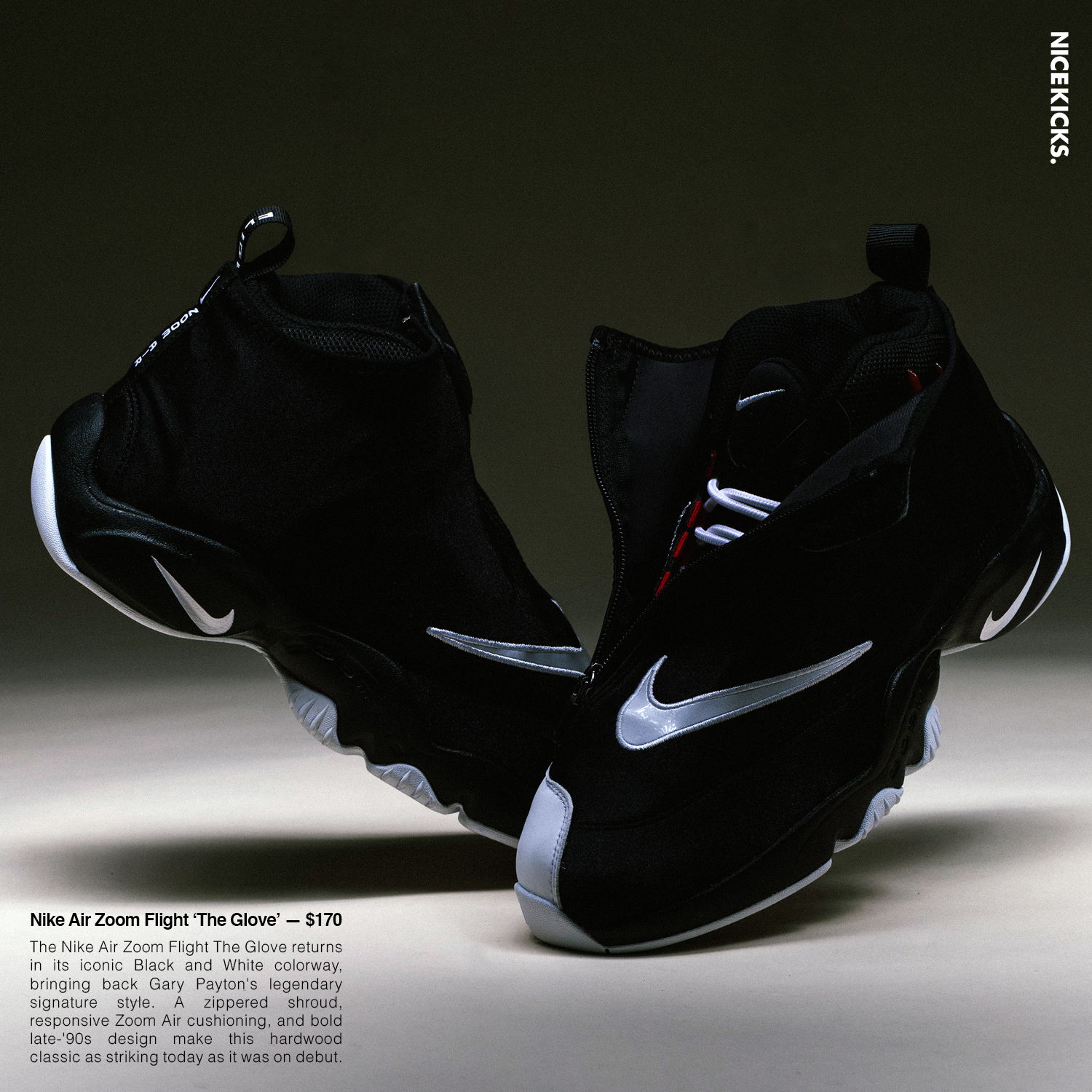 Black Nike shoes displayed on a dark background with a brief description.