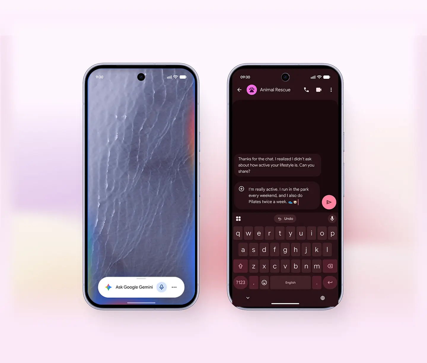 Two smartphones displaying a messaging application on a colorful background.
