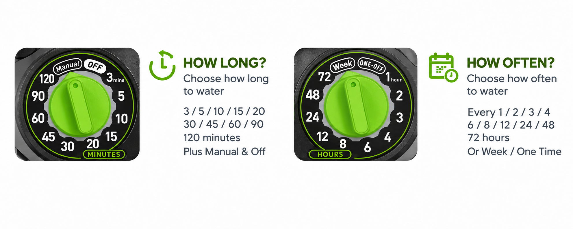 Timer settings for watering duration and frequency.