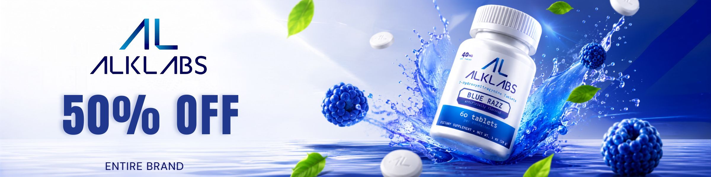 Promotional banner for Alklass product with 50% off offer.