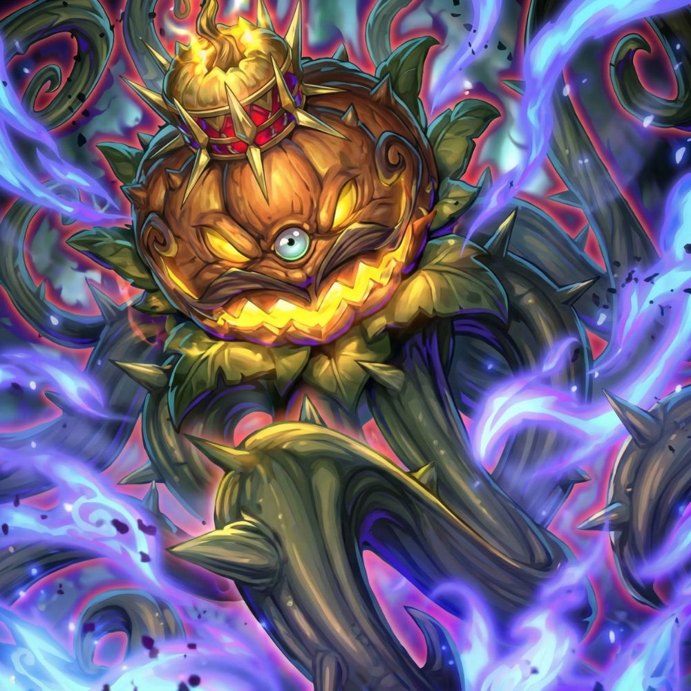 Fantasy creature with a pumpkin head and tentacle-like appendages, surrounded by swirling magic.