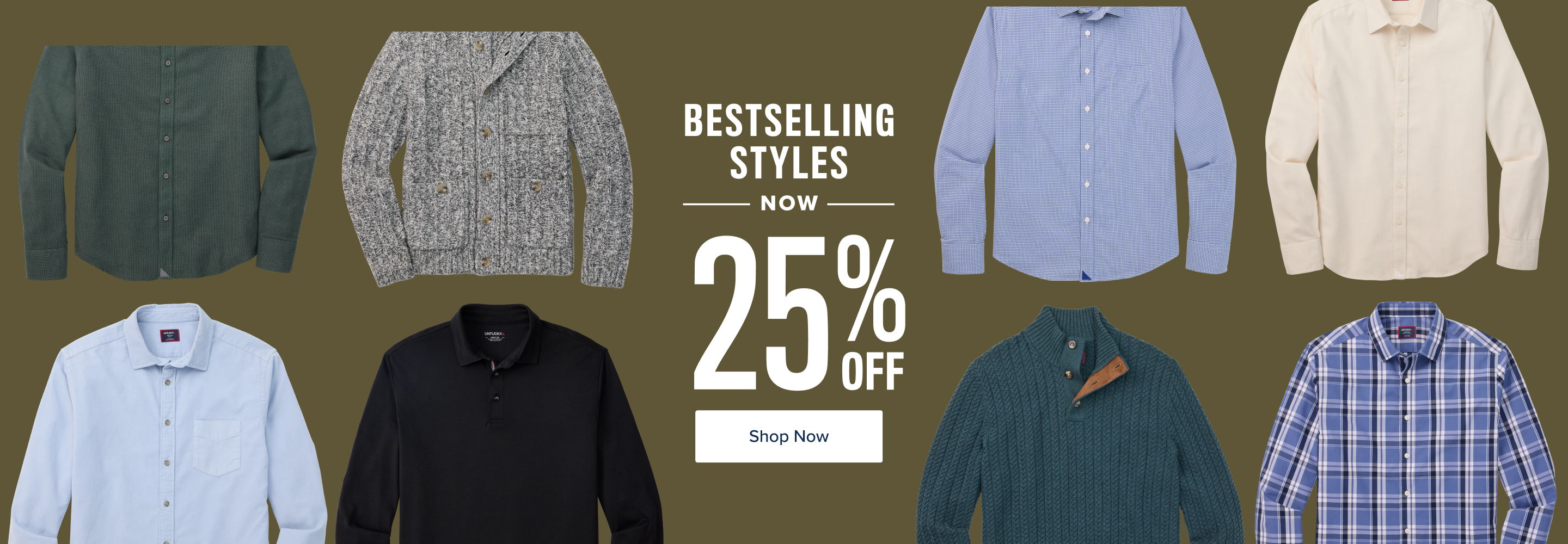 Various shirts on display with a 25% off promotion.