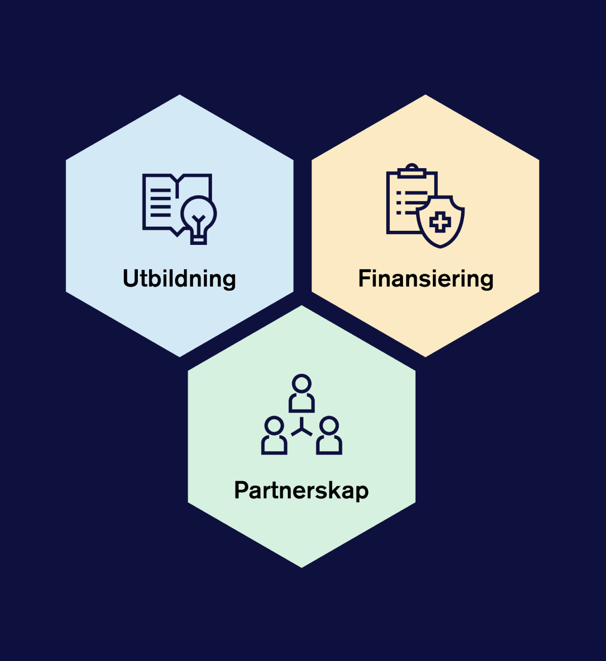 Tre hexagoner som representerar koncepten utbildning, finansiering och partnerskap.