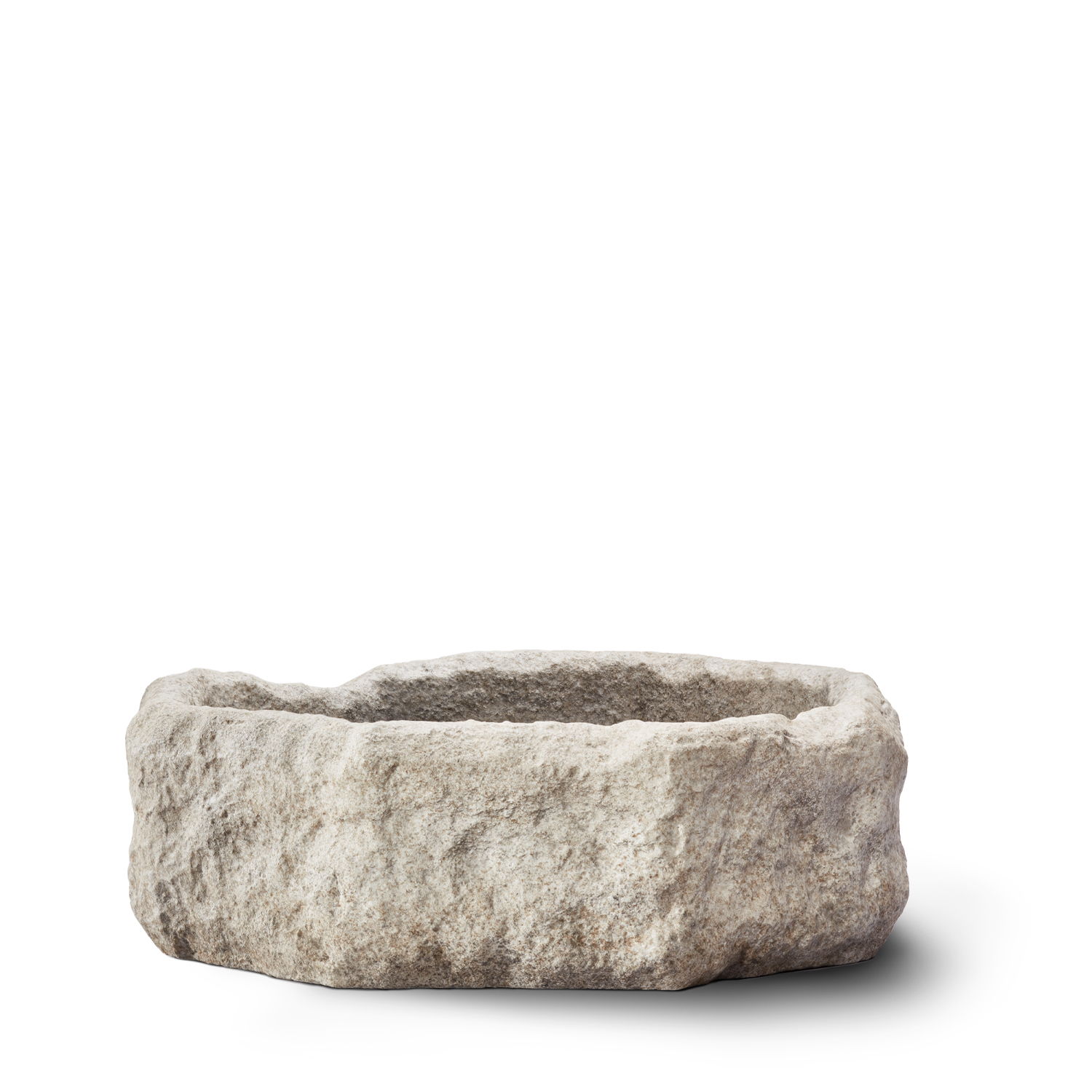 Round stone bowl with a rough texture and natural color.