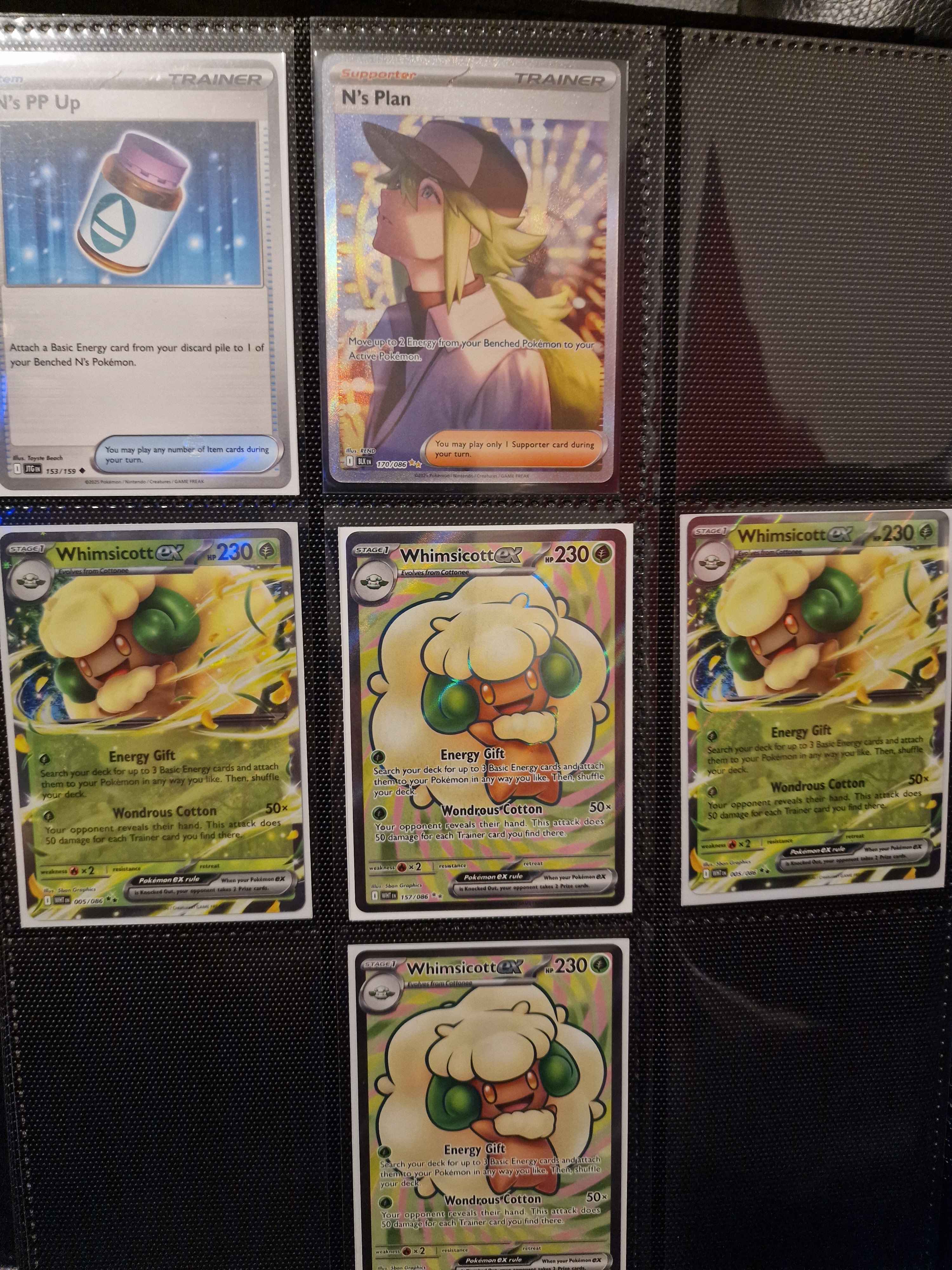 A dedicated binder page for Joe's collection featuring the N's PP Up Trainer card, N's Plan, and multiple Whimsicott VSTAR cards in a 