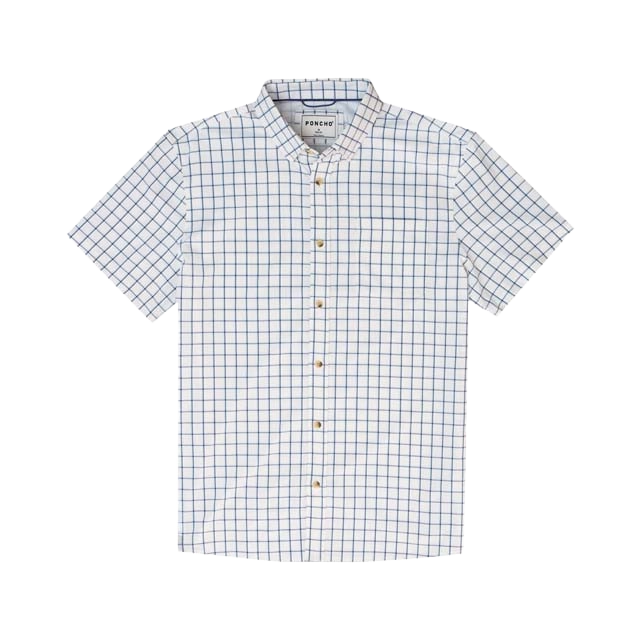 Short-sleeve checkered shirt with buttons and collar.