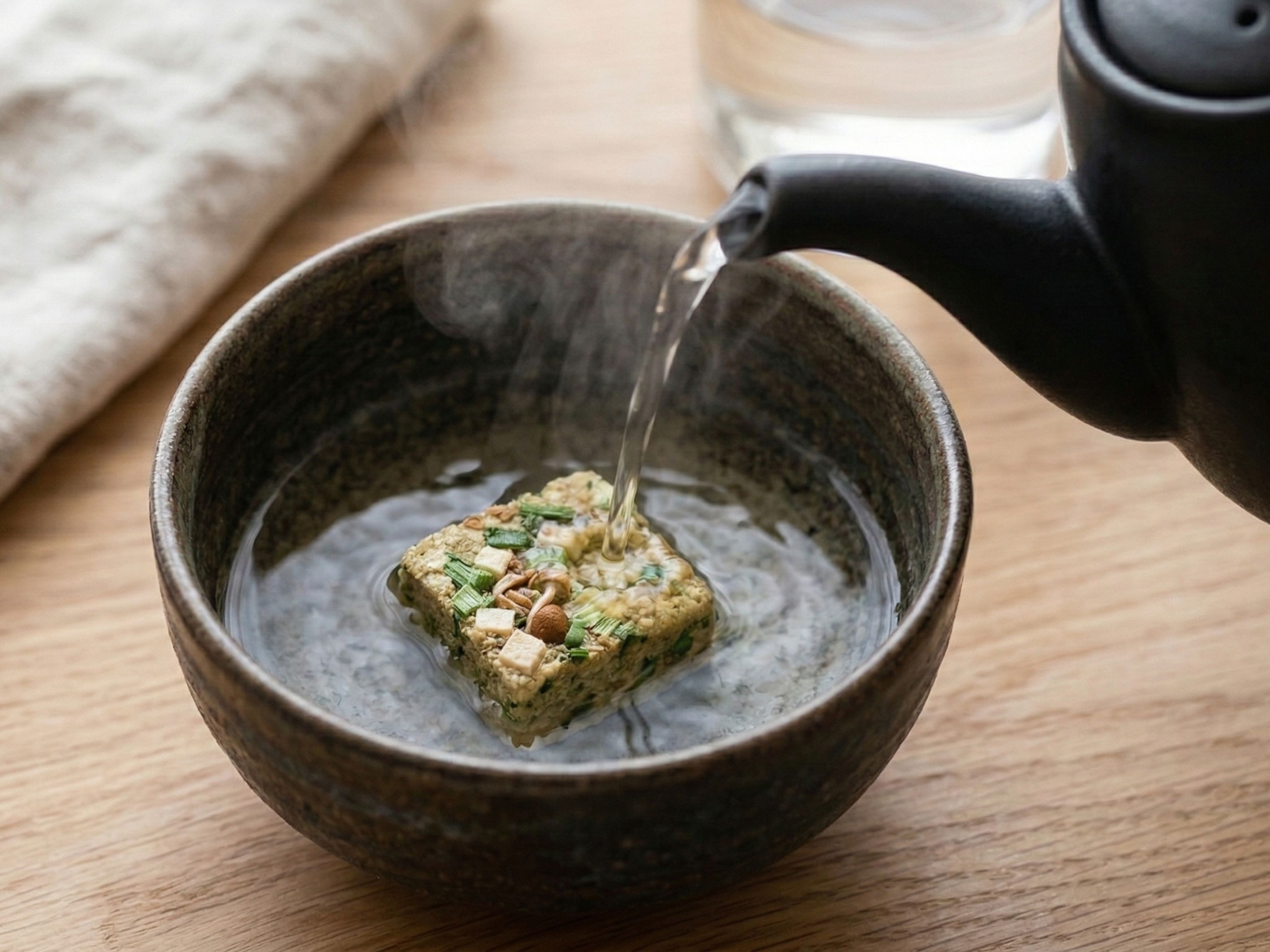 Instant freeze-dried miso soup with hot water being poured on top