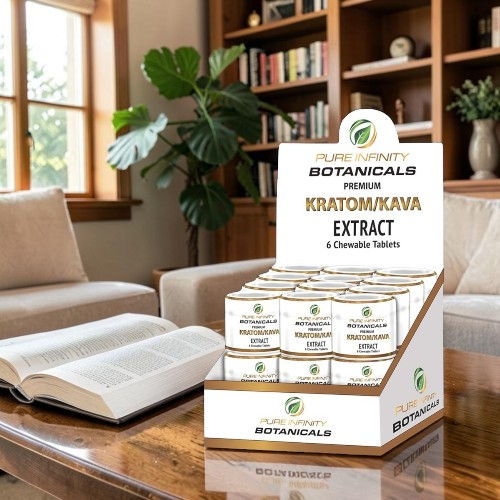 Display of kratom extract products in a cozy interior setting.