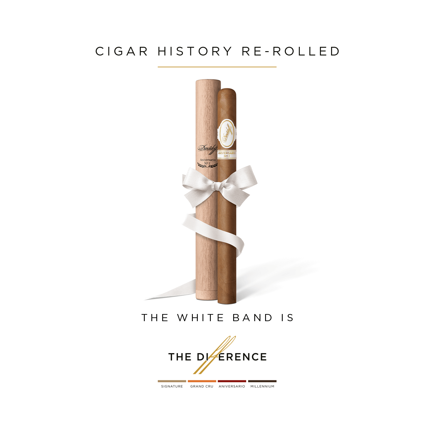 A Davidoff Aniversario No.1 Limited Edition Collection placed next to its wooden tubo wrapped with a white ribbon. 