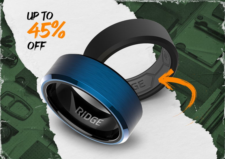 Ridge rings in blue and black with discount text.