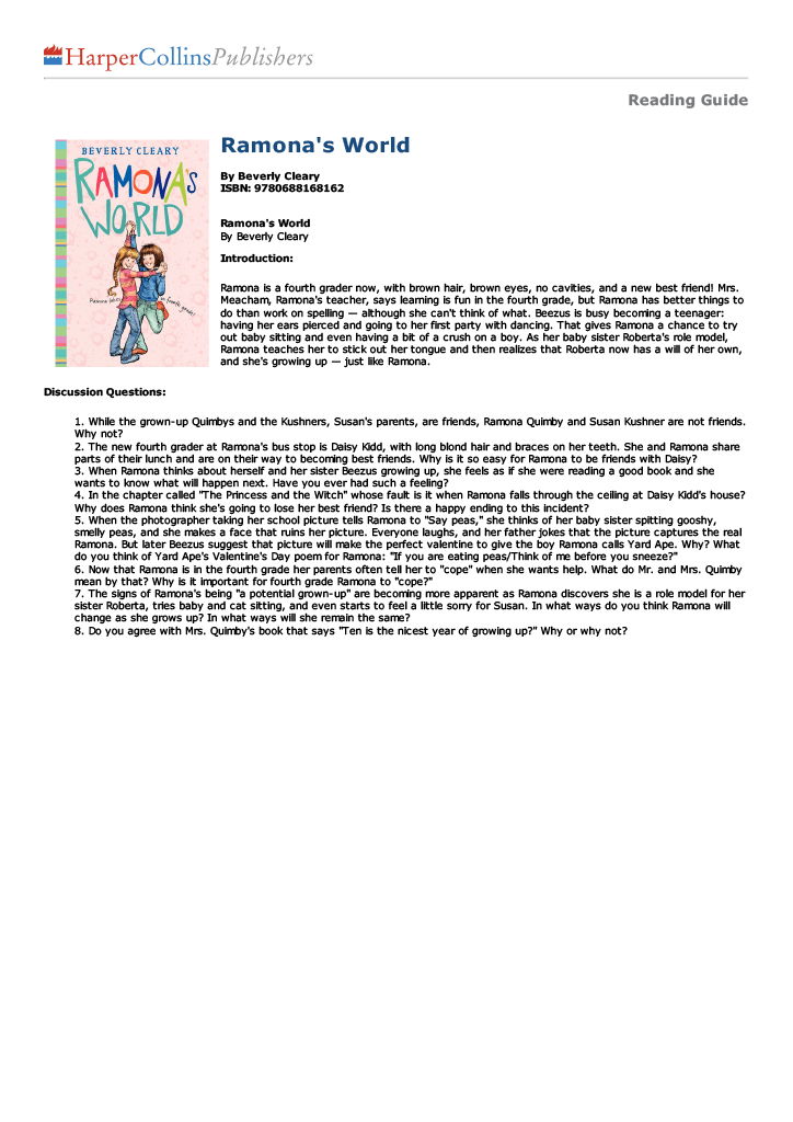 Reading guide for 'Ramona's World' by Beverly Cleary.