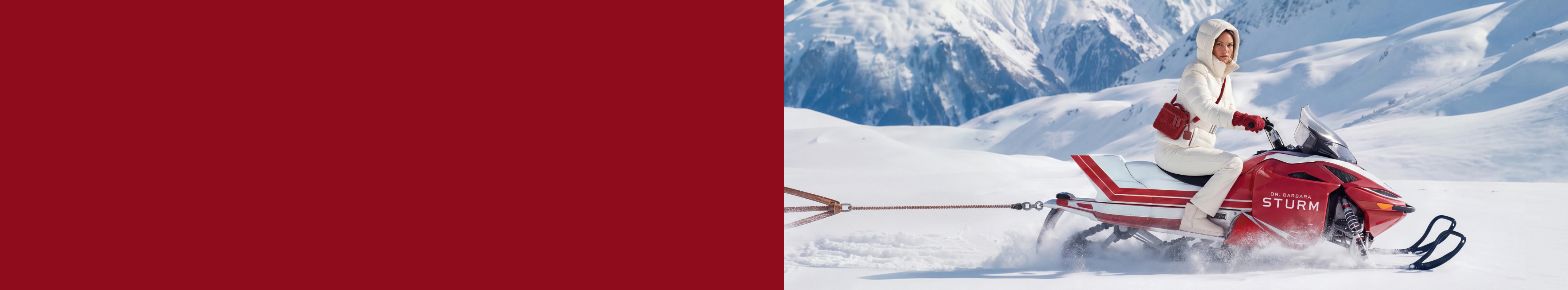 Person riding a snowmobile in a snowy mountain landscape.