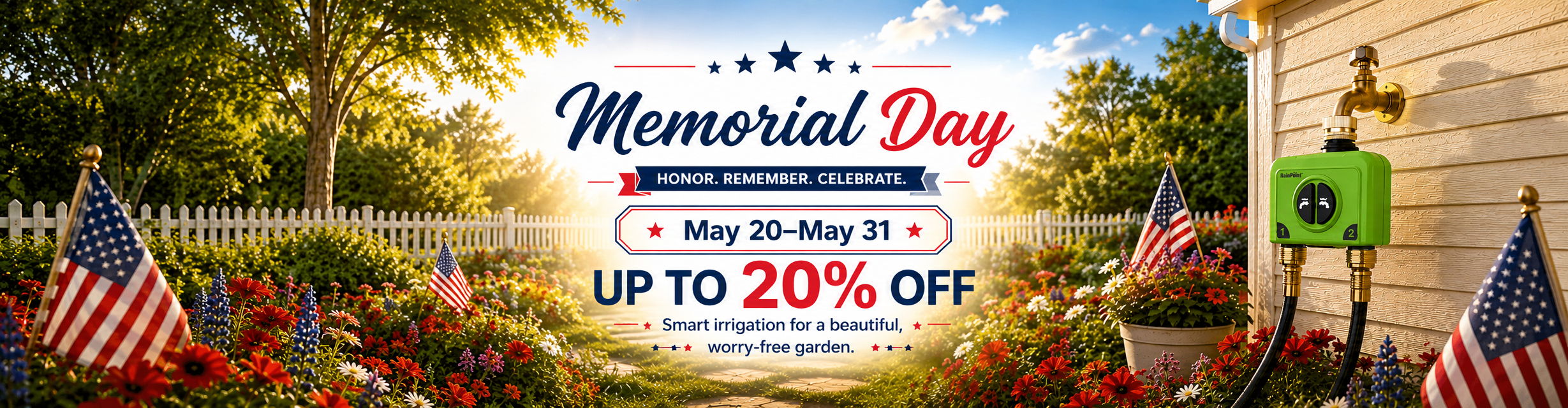Memorial Day sale banner with discount information and American flags.