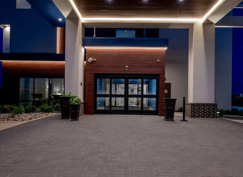 Hotel entrance lighting with outdoor LED strip lights