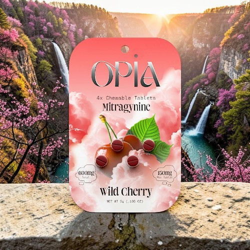 Wild Cherry fragrance packaging against a scenic background of mountains and waterfalls.