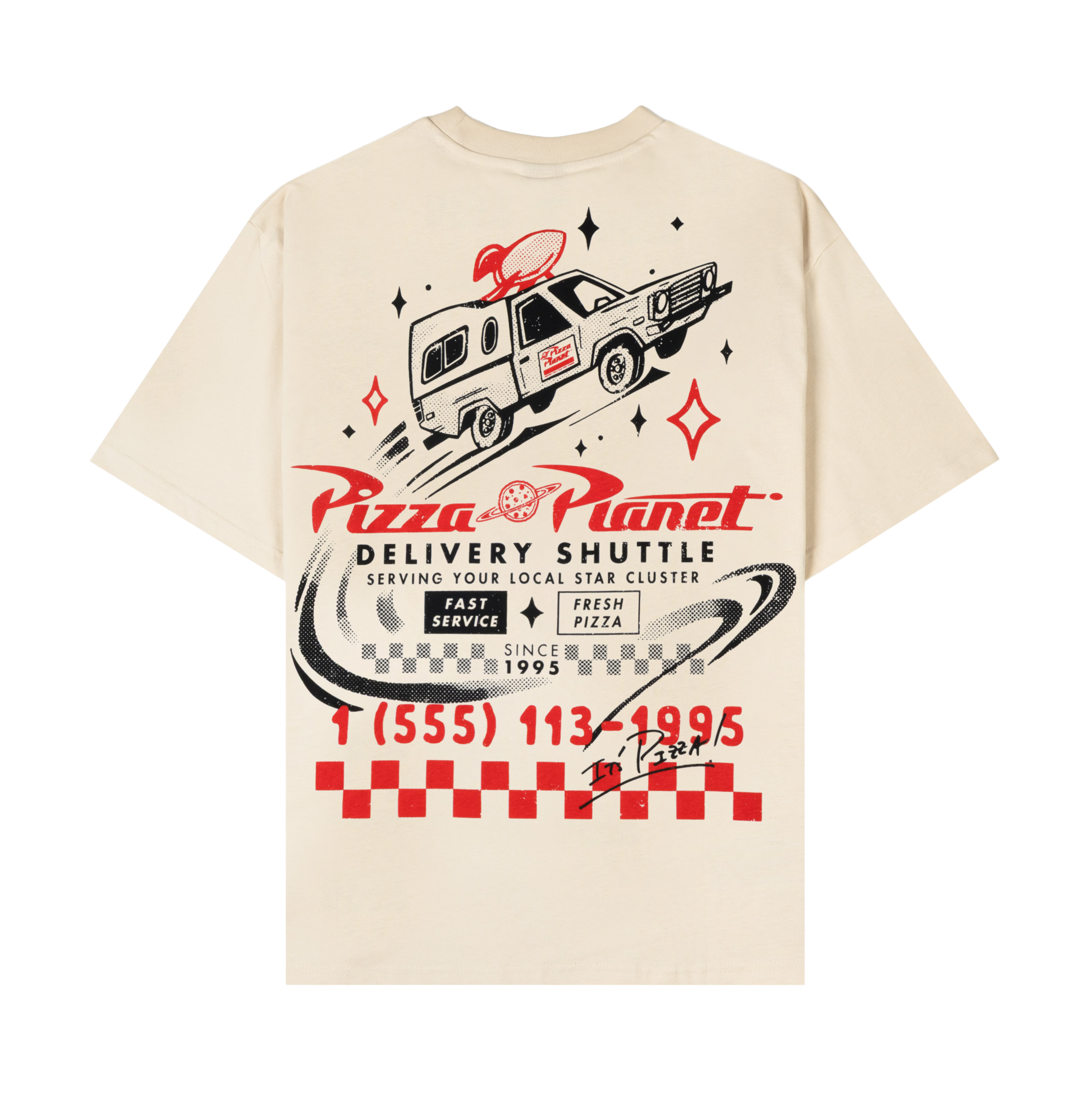 Beige t-shirt with logos on the front and back.