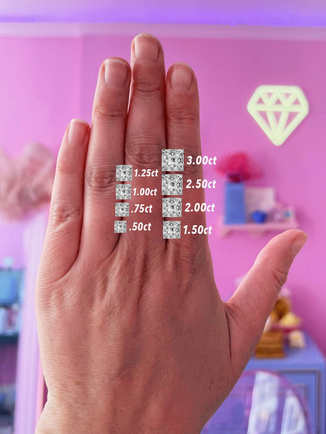 princess cut diamond carat sizes on a hand