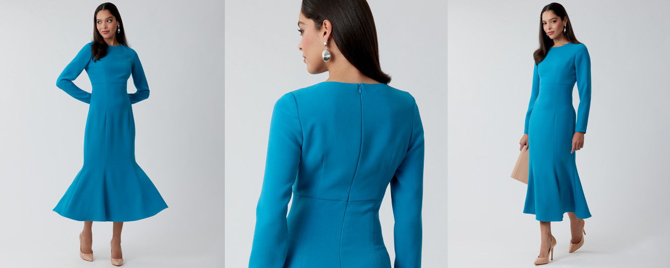 A woman in a blue dress, shown from different angles.