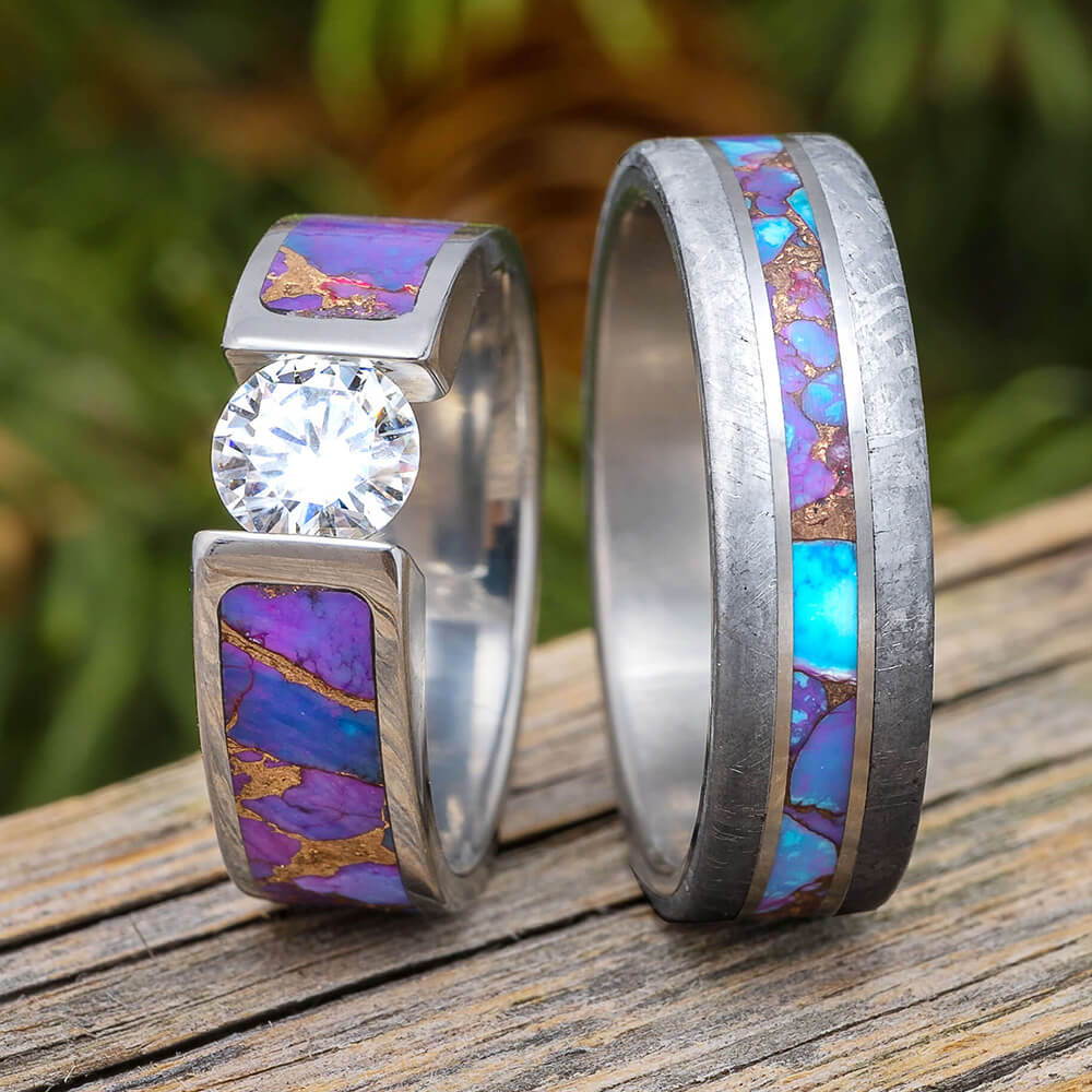 Matching Meteorite and Purple Stone Wedding Rings