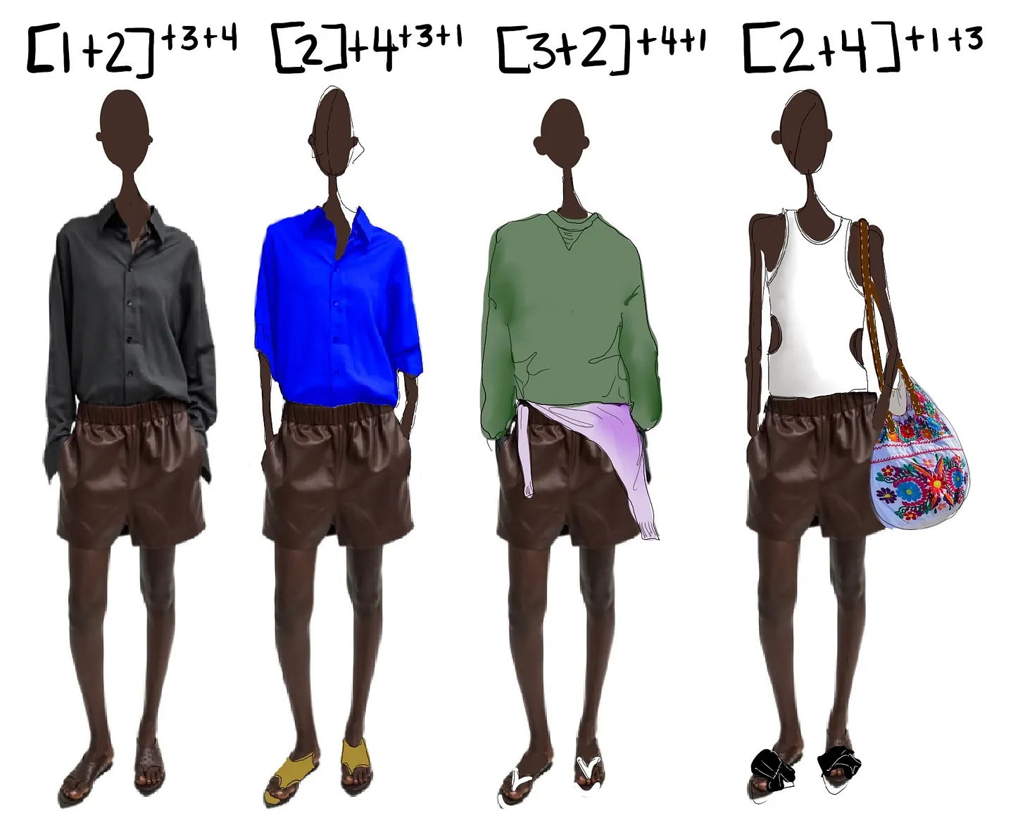 Four fashion sketches of mannequins wearing different outfits.