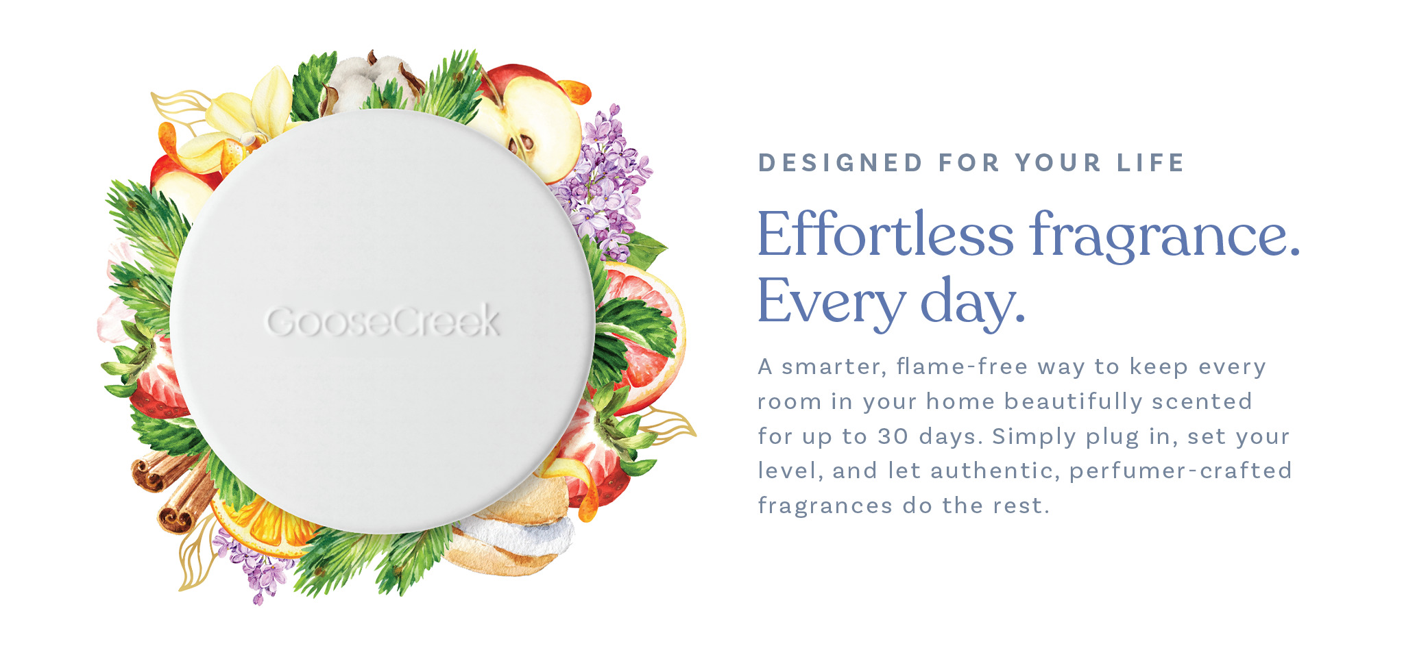 Floral design with text about effortless daily fragrance.