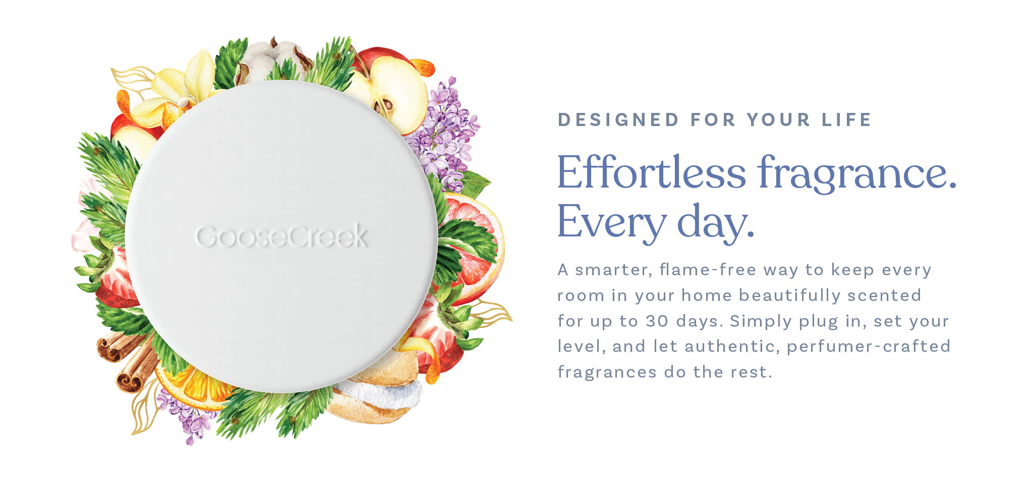 Floral design with text about effortless daily fragrance.