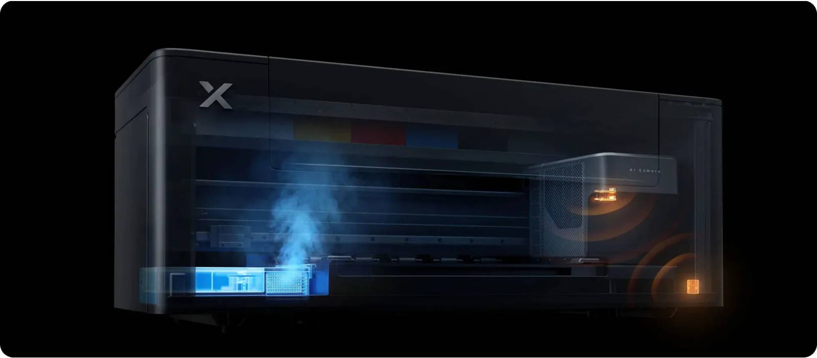 A sleek, modern air conditioner with glowing features on a dark background.