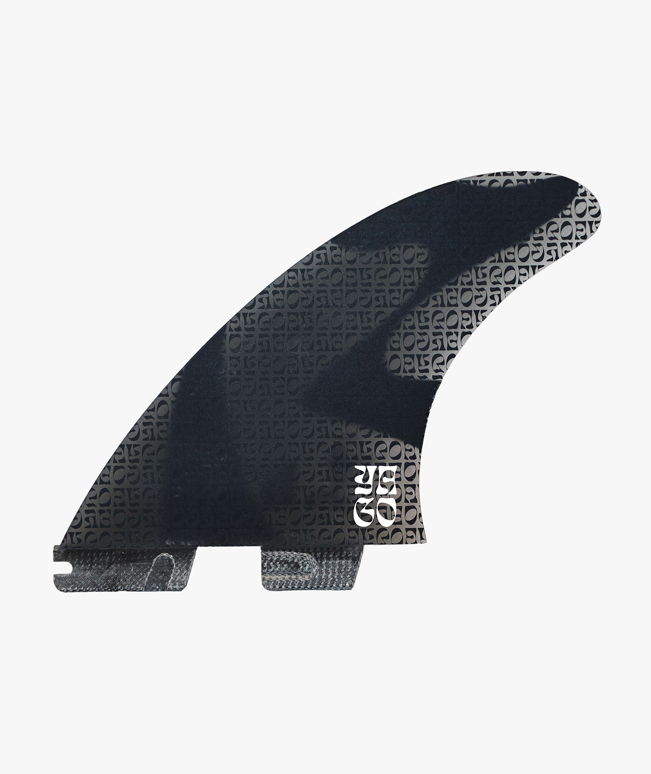 Black and gray surfboard fin with a textured design.
