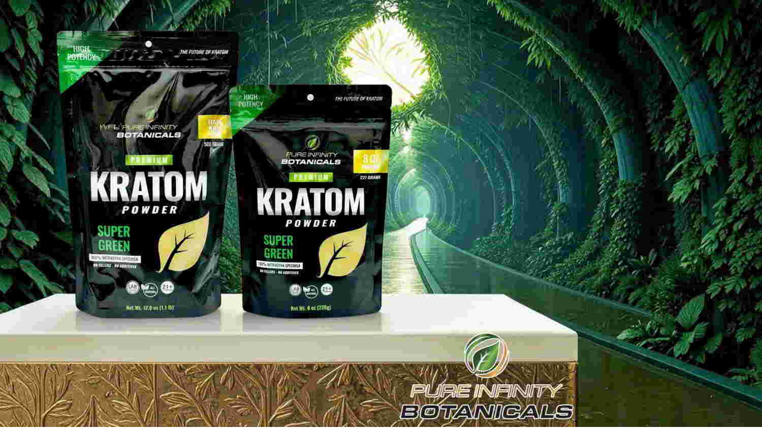 Two packages of Kratom powder on a wooden surface with a green background.