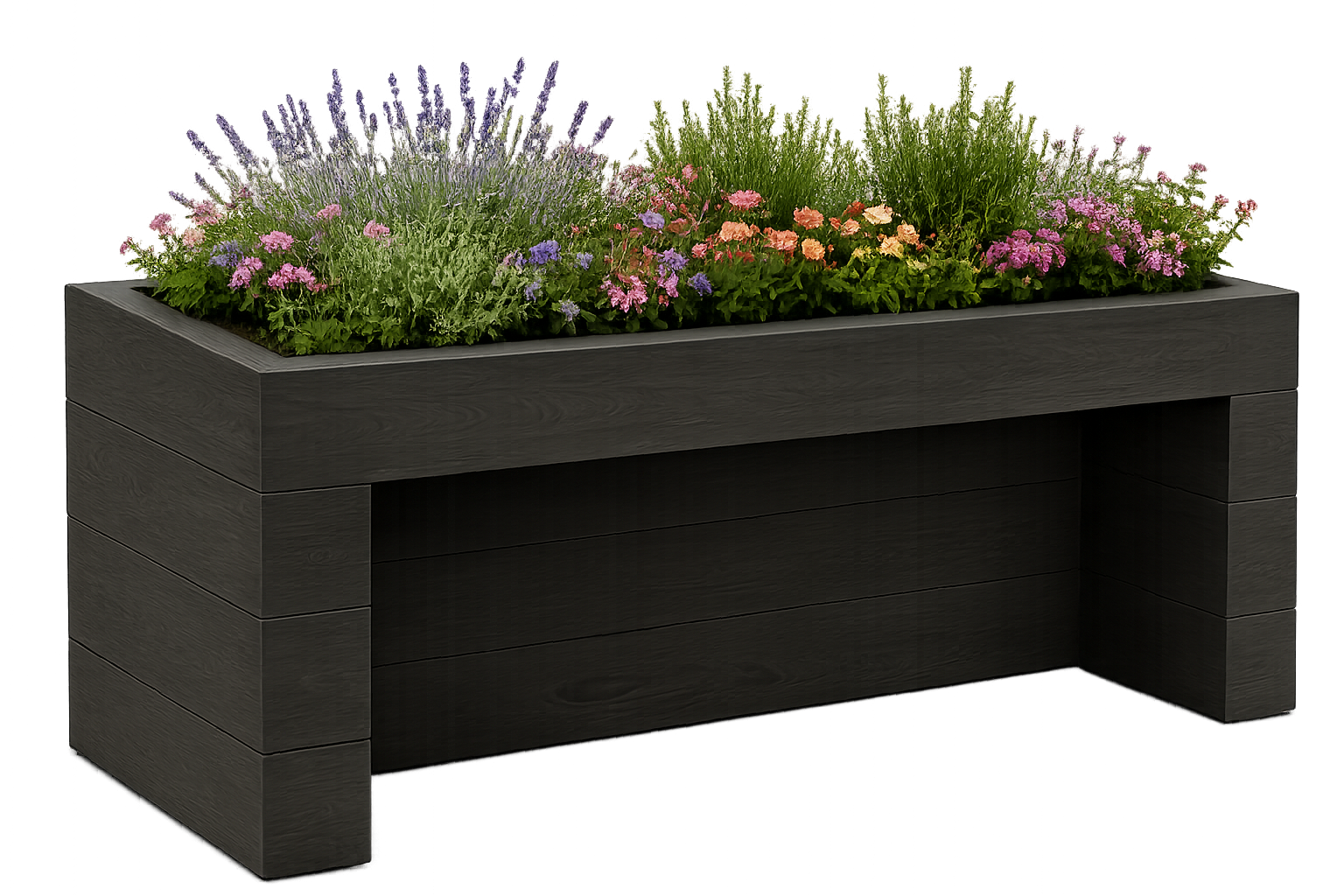 Custom fiberglass ADA-friendly planter box filled with various colorful flowers and greenery.